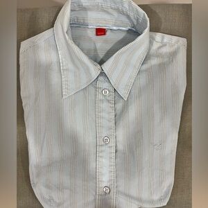 Esprit Blue Striped  Fitted Button Up Bodysuit Shirt with Notched Collar